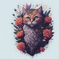 A detailed illustration a cat, t-shirt design, flowers splash, t-shirt design Royalty Free Stock Photo