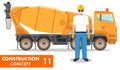 Worker concept. Detailed illustration of workman, builder, driver and concrete mixer in flat style on white background. Heavy cons