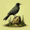 Detailed Illustration Of Crow Perched On Rock In Natural Scenery
