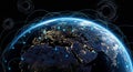 Global network connections illustrated with glowing lines and nodes over the Earth at night Royalty Free Stock Photo