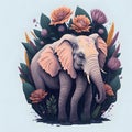 A detailed illustration an elephant, t-shirt design, flowers splash, t-shirt design