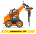 Detailed illustration of excavator with hammer. Hydraulic crusher. Heavy construction machine. Building machinery