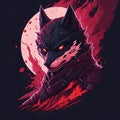 detailed illustration face evil ninja wolf,magic, t-shirt design, red color , dark magic splash, dark, ghotic, t-shirt design, in Royalty Free Stock Photo