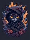 A detailed illustration face ninja cat, fire, flowers splash