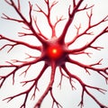 Detailed illustration of glowing red neuron. Vibrant network neural connections branching dendrites. Neuron structure model. Red