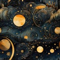 Detailed illustration of a gold starry night sky with a city (tiled)