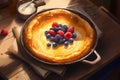 detailed illustration of a golden tart topped with fresh berries on a wooden table