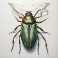 Detailed Illustration of a Green Beetle With Transparent Wings on a White Background