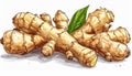 Detailed Illustration of Grouped Ginger Roots with Green Leaf Isolated on White Background with Realistic Royalty Free Stock Photo
