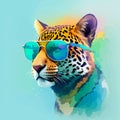 detailed illustration a head of Jaguar wearing trendy sunglasses