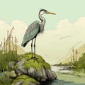 Detailed Illustration Of Heron Standing On Moss