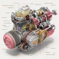 Detailed Illustration of Industrial Engine with Components and Labeling Royalty Free Stock Photo
