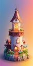 A detailed illustration of an isometric vintage rustic lighthouse, flowers splash. Generative AI
