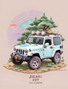 Detailed illustration of jeep, car, tree, fantasy art, low poly, hand drawn, 3d vector, t-shirt design, hoodie, etc