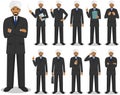 Business concept. Detailed illustration of muslim or indian businessman standing in different positions in flat style