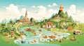 Detailed illustration of a mythical Asian landscape