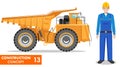 Worker concept. Detailed illustration of workman, driver, miner, builder and off-highway truck in flat style on white background.