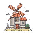 Detailed illustration orange white windmill set against clear sky, surrounded plants fence