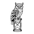 Wise Owl Perched on Hourglass - Tattoo Style Illustration Royalty Free Stock Photo