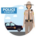 Policeman concept. Detailed illustration of sheriff in uniform on background with police car in flat style. Vector Royalty Free Stock Photo