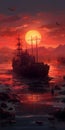 Detailed Illustration Of Post-apocalyptic Ocean With Red Sun Setting