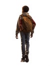 young fashionable African american teen boy. skinny and tall. brown leather backpack. jean pants. hoodie jacket. winter