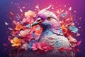 A detailed illustration of a print of a colorful dove with flowers. ai generative