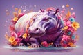 A detailed illustration of a print of a colorful hippopotamus in flowers. ai generative