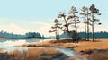 Detailed Illustration Of River Landscape With Pine Trees