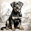 Detailed Illustration Of Rottweiler Dog Sitting In Front Of House