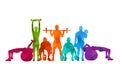 Detailed illustration silhouettes strong rolling people set girl and man sport fitness gym body-building workout powerlifti