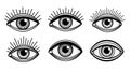 Set of Six Stylized Eyes in Black and White Royalty Free Stock Photo