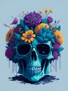 A detailed illustration of a Dead Skull wearing trendy sunglasses with flowers splash