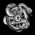Serpent Wrapped Around Motorcycle Wheel - Stylized Illustration Royalty Free Stock Photo