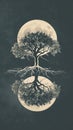 A detailed illustration of a tree of life silhouette with intricate branches and roots against a textured full moon on a Royalty Free Stock Photo