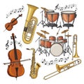 A detailed illustration of various classical and modern musical instruments isolated on white background Royalty Free Stock Photo