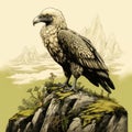 Detailed Illustration Of Vulture On Rock Himalayan Gothic Art