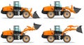 Wheel loader with different boom position. Detailed illustration of heavy mining machine and construction equipment