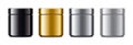 Set of plastic Jars. Metalized surface version. Gold, Silver, Grey, Black colors Royalty Free Stock Photo