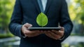 A detailed image of a business executive with a tablet, reflecting a green leaf, includes space for text Royalty Free Stock Photo