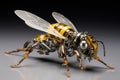 A detailed image capturing a bee up close as it rests on a white surface, Genetically modified robotic honey bee, AI Generated Royalty Free Stock Photo