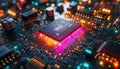 detailed close-up of a computer motherboard with a glowing central processing unit, showcasing intricate circuitry and vibrant lig Royalty Free Stock Photo