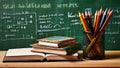 Educational setup with chalkboard, books, and colored pencils in classroom Royalty Free Stock Photo