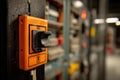 Close-up view of an orange and black electrical switch in a panel Royalty Free Stock Photo