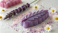 A detailed image focusing on a gummy shaped like a lavender sprig showcasing its tantalizing texture and alluring color