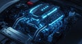Detailed image of a high performance engine with neon blue glowing accents showcasing advanced technology Royalty Free Stock Photo