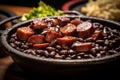 Detailed image of a traditional feijoada, a rich blend of black beans and pork, in a rustic pot.