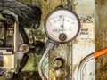 Detailed image of inside of an airplane. Hydraulic lines, valves, tubes, pressure meter Royalty Free Stock Photo