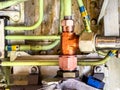 Detailed image of inside of an airplane. Hydraulic lines, valves, tubes, switches and wires Royalty Free Stock Photo