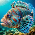 A detailed image of a marine fish, showing its bright colors and intricate patterns - Generative AI